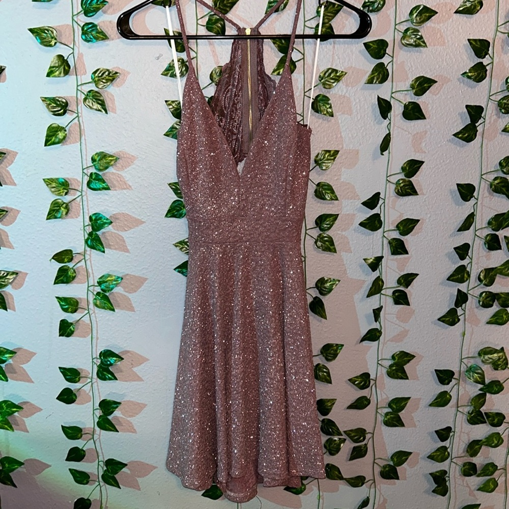 Size large, maroon/purple shimmery dress zip up in the back with straps